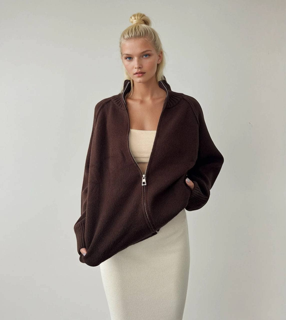 Anaz – Großhandel Jacke – Damen – Reißverschluss-Strickjacke - gerippter Kragen1