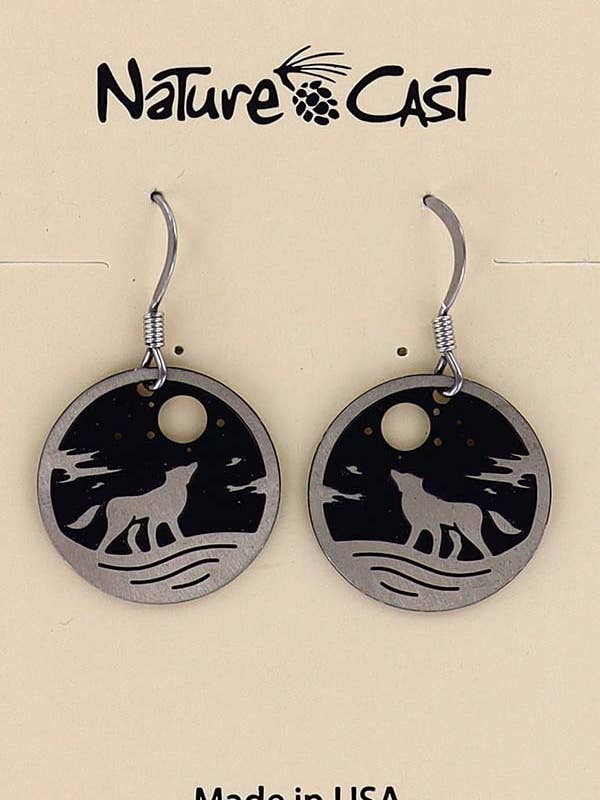 21104 Earring Dangle Howling Wolf Round Disk Cutout for wholesale by Nature Cast