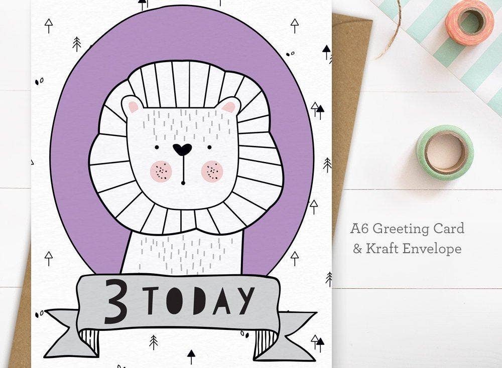 Mrs Best Paper Co. - Venta al por mayor Tarjetas de cumpleaños - 3 años, tarjeta de tercer cumpleaños, niña o niño - león2