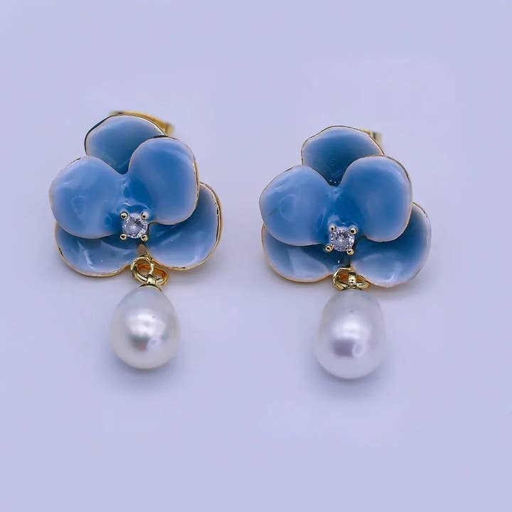 24K Gold Filled Round CZ Enamel Art Sky Blue Orchid Flower Shell Pearl Drop Stud Earrings EA-21AJ106 (Copy) for wholesale by Simply Jewels