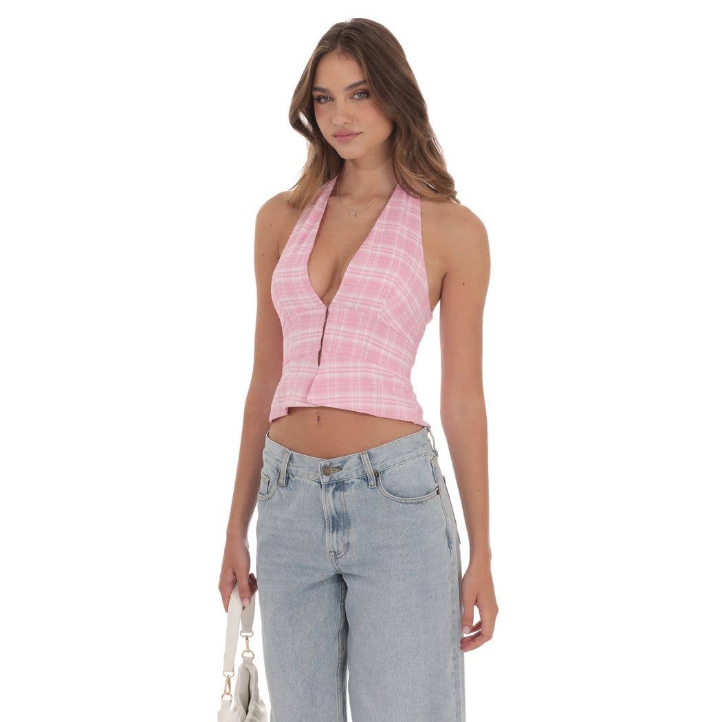 Lucy In The Sky - Wholesale Dress - Women's - Plaid V-Neck Halter Top in Pink2