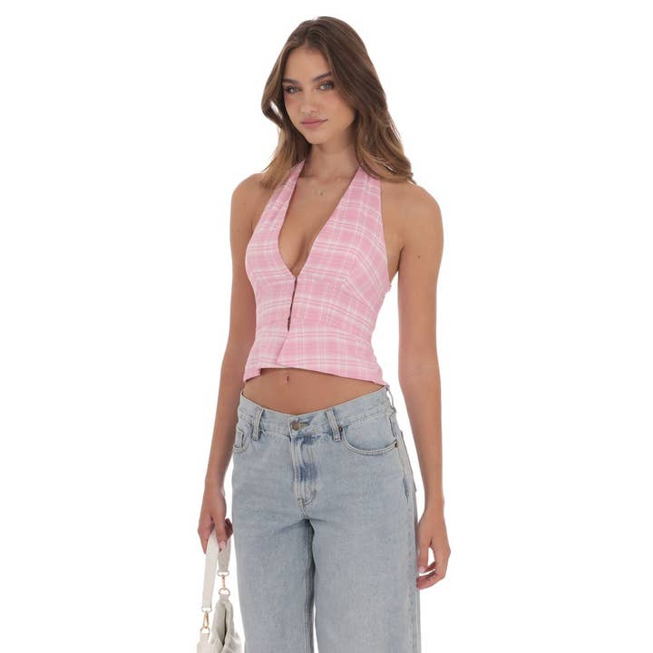 Lucy In The Sky - Wholesale Dress - Women's - Plaid V-Neck Halter Top in Pink2