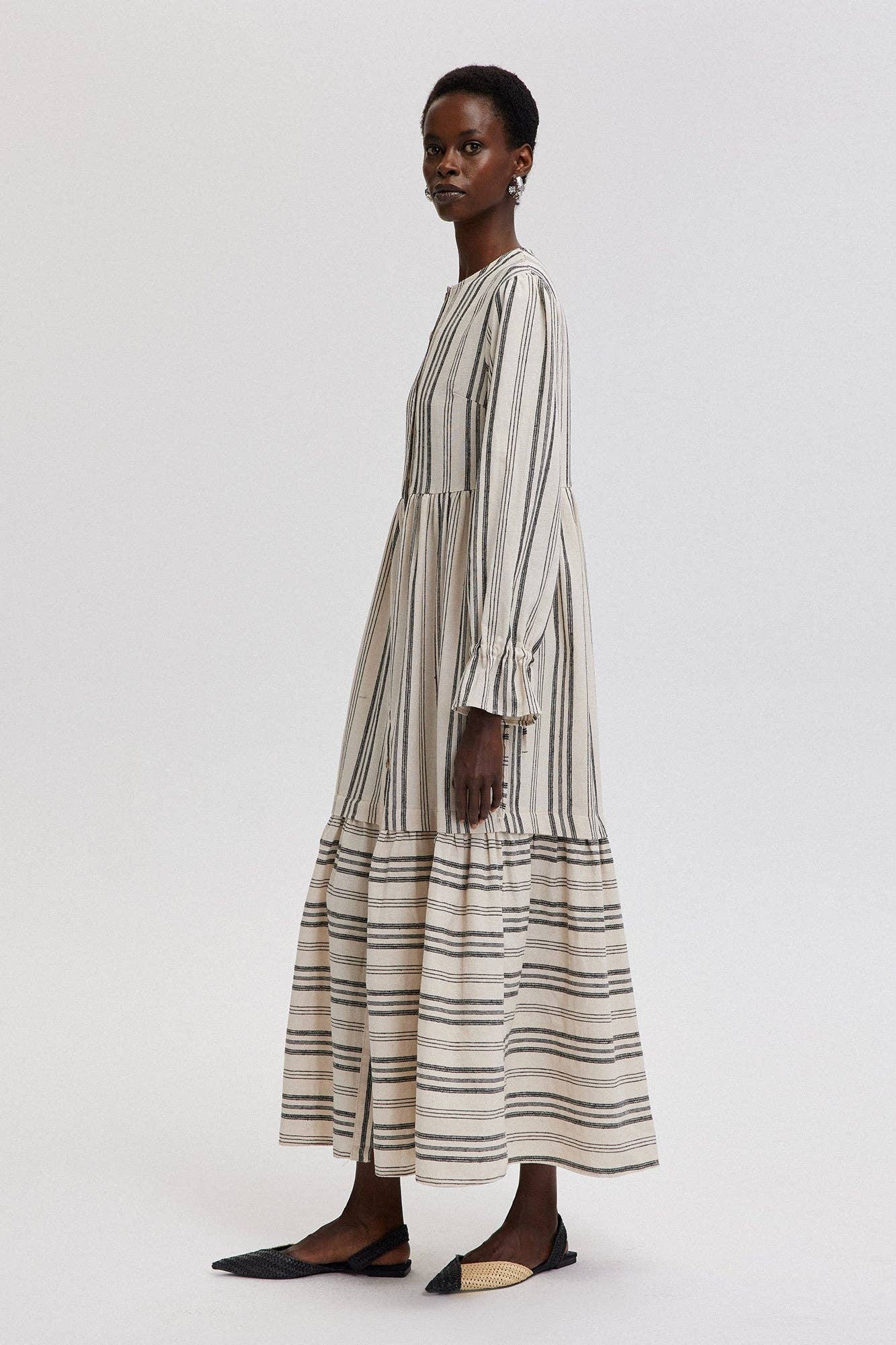 Beige STRIPED COTTON MAXI SHIRT DRESS WITH RUFFLED CUFFS for wholesale on Faire2