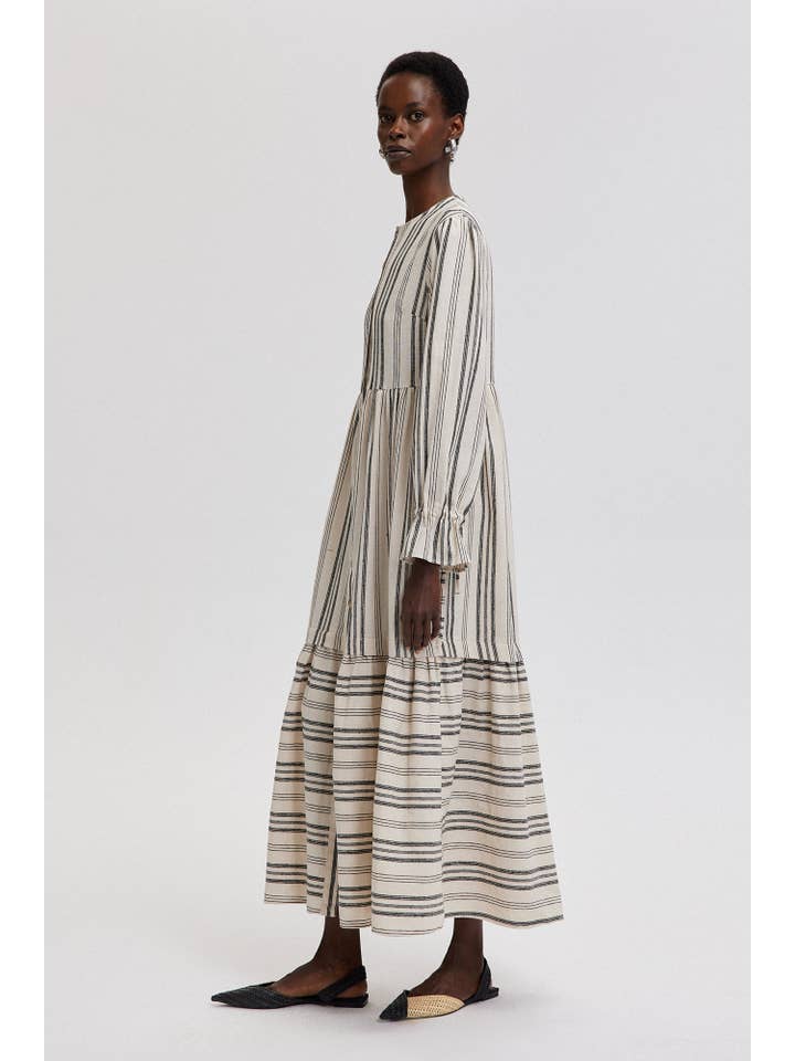 Beige STRIPED COTTON MAXI SHIRT DRESS WITH RUFFLED CUFFS for wholesale on Faire2