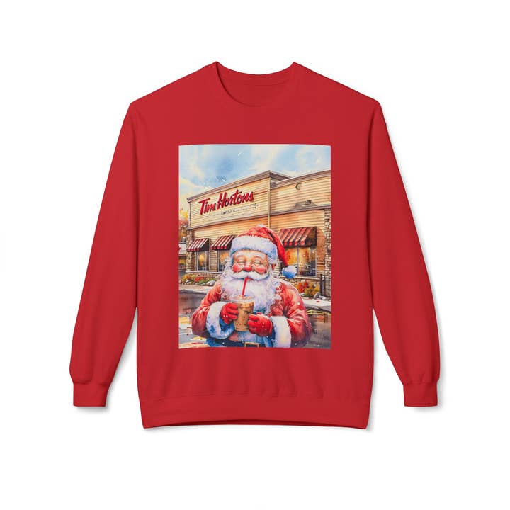 Buffalovely - Wholesale Graphic Sweatshirt - Women's - Santa with an Iced Coffee at Tim Horton's Cozy Unisex Christmas Crewneck Sweatshirt8