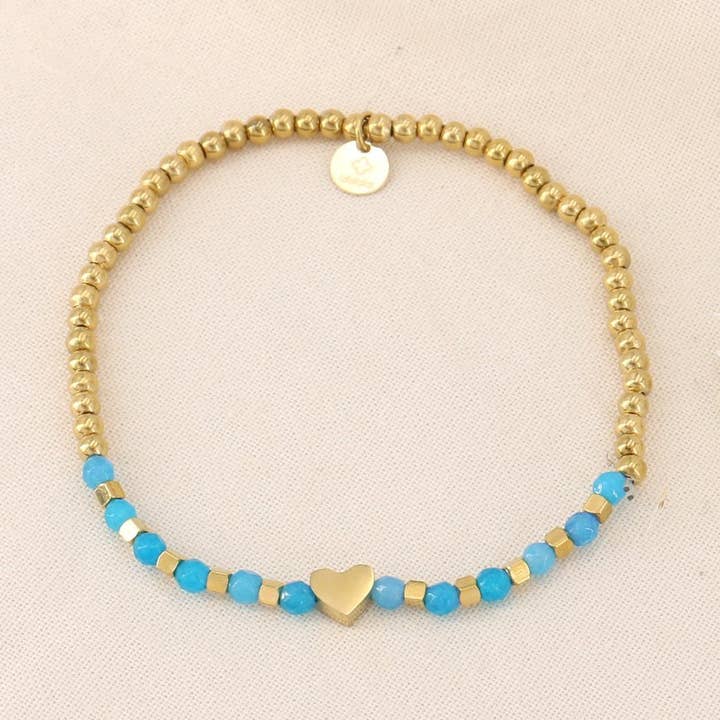 Elastic bracelet with heart steel beads and stones 0223085 for wholesale by Lilas de Seine