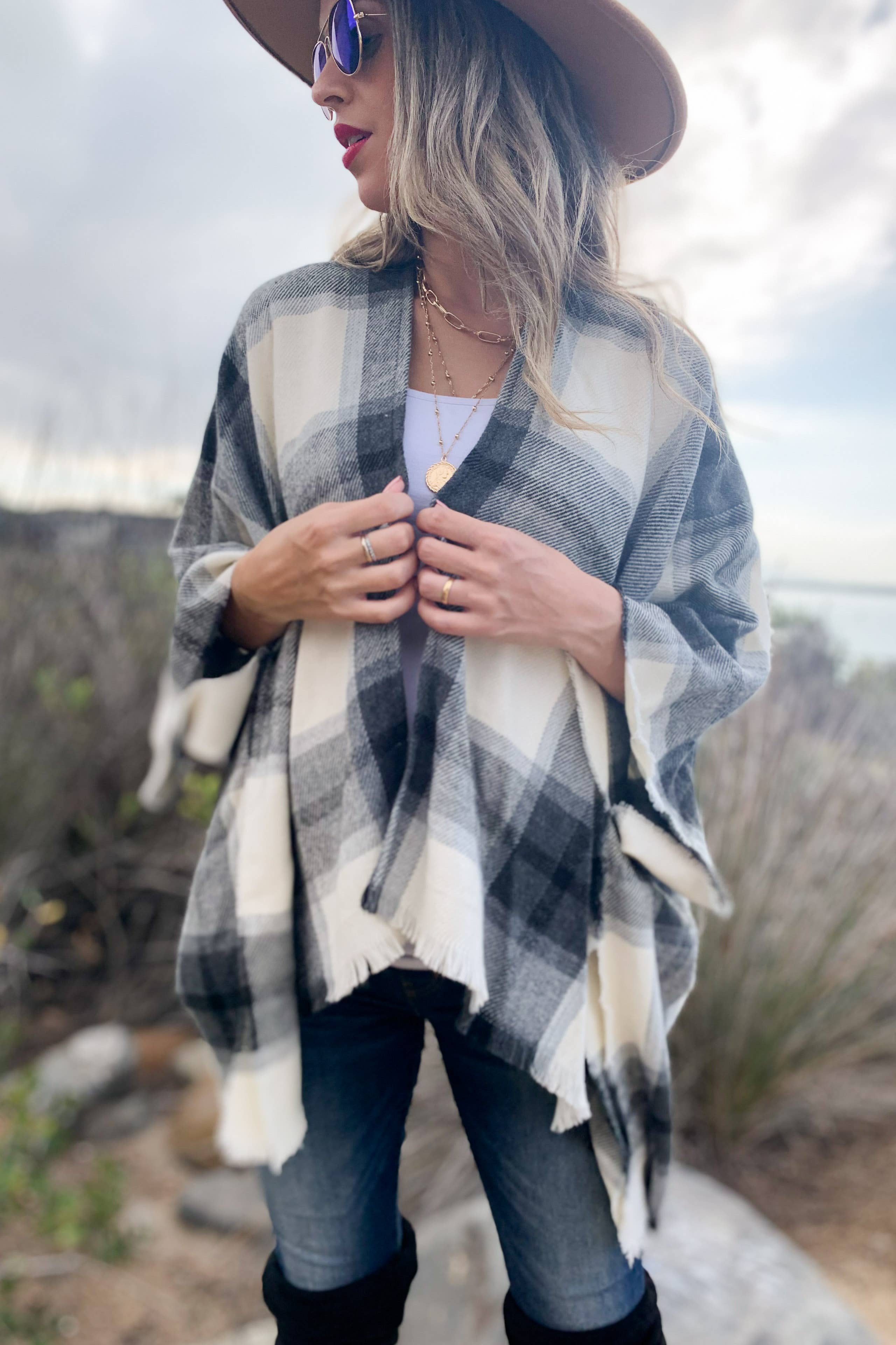 Grey Plaid Printed Cozy Knitted Kimono Cardigan With Fringe for wholesale on Faire5