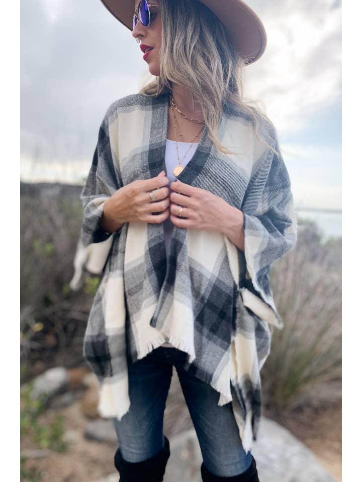 Grey Plaid Printed Cozy Knitted Kimono Cardigan With Fringe for wholesale on Faire5
