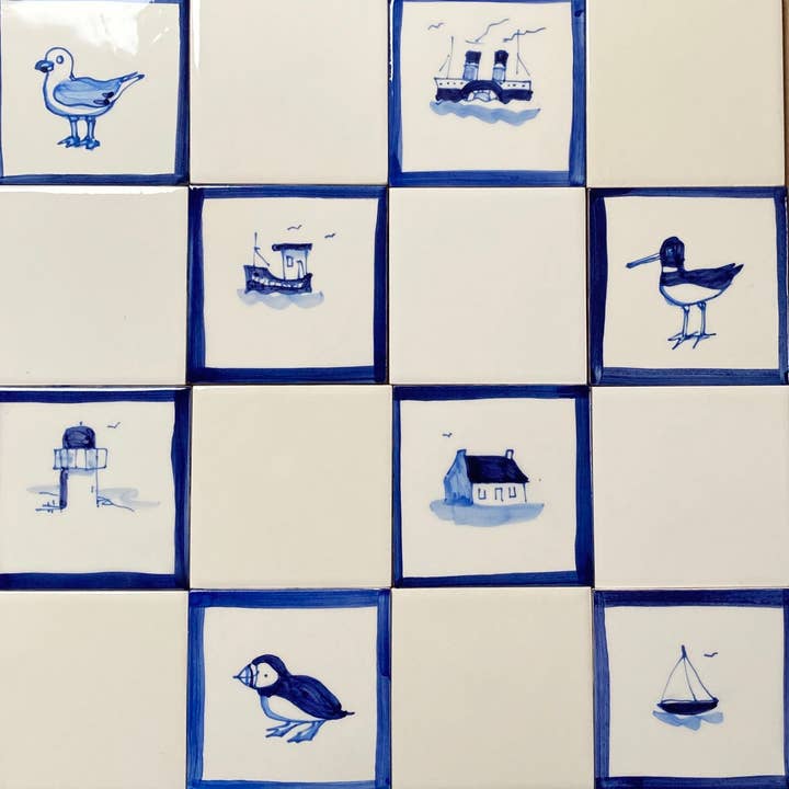Elspeth Gardner Ceramics - Wholesale Wall Tile - Hand Painted delft style tile Puffer/Fishing boat 2 size opt
