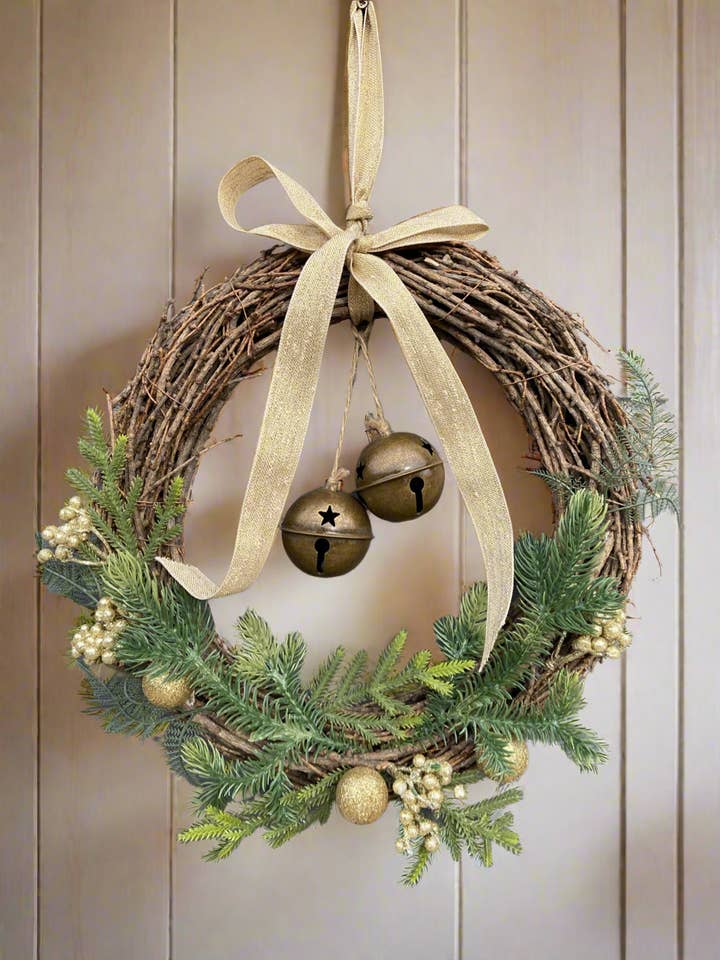 Handmade hanging wreath with bells/ Christmas seasonal decor 30 x 30 x 18cm for wholesale by Marissa's Gifts