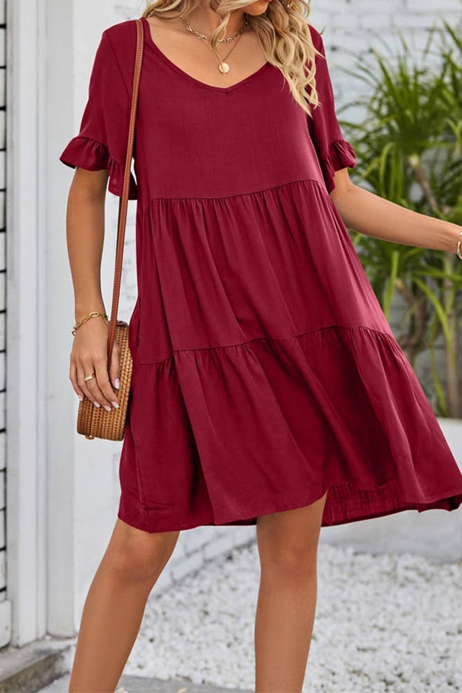 UNISHE - Vendita all'ingrosso Vestito - Donna - Abito A Balze Con Volant Con Scollo A V Semplice E Tasche MD03810