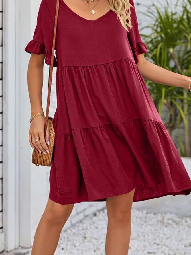 UNISHE - Vendita all'ingrosso Vestito - Donna - Abito A Balze Con Volant Con Scollo A V Semplice E Tasche MD03810