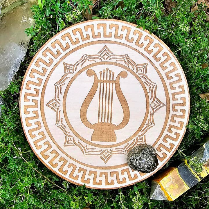Apollo's Lyre Crystal Grid Laser Engraved Wood Altar Plate for wholesale by Prism Moon Designs