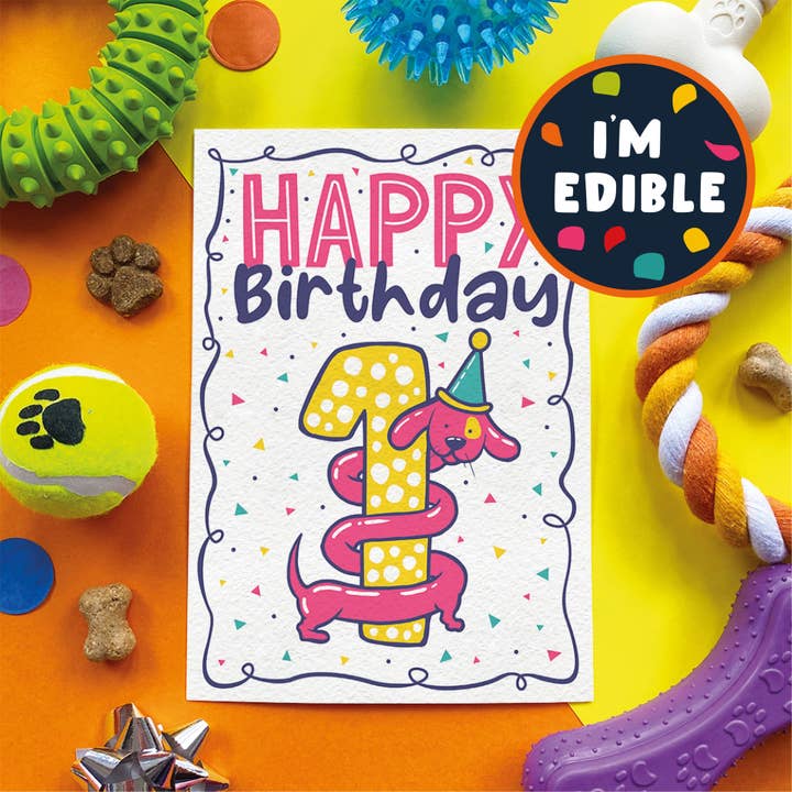 🎂 1st Birthday – Edible Dog Card for wholesale by Scoff Paper