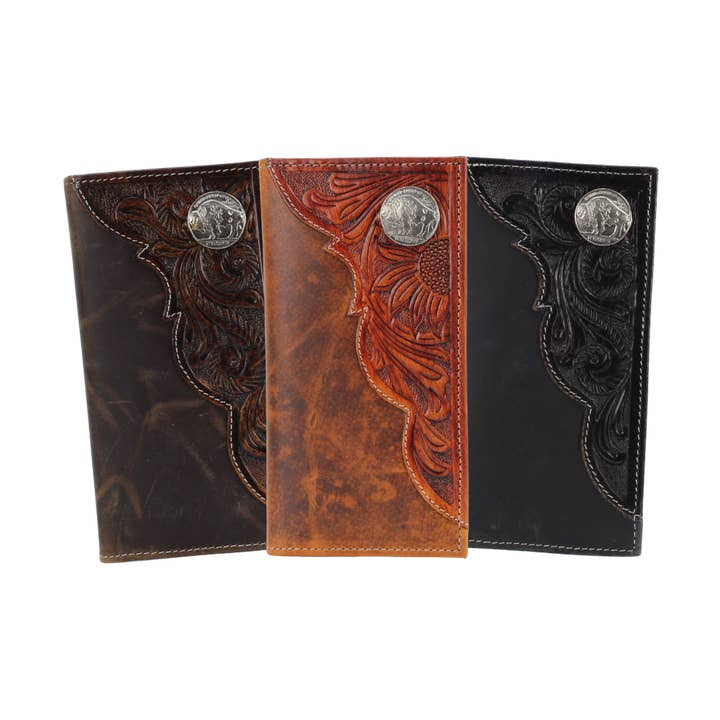 Oil Pull Up Tooled Side Buffalo Nickel Rodeo Wallet ABW027 for wholesale by Leather Impressions Inc