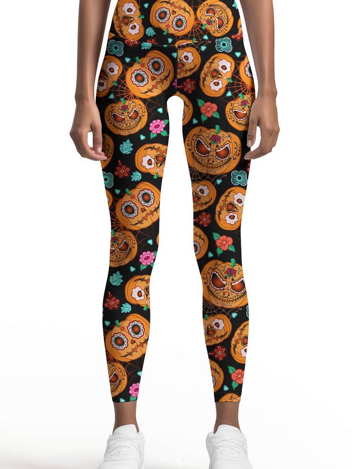 Halloweird Lucy Black & Orange Pumpkin Print Yoga Leggings - Women for wholesale by Pineapple Clothing