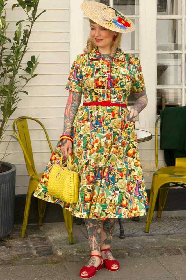 Dolly & Dotty - Wholesale Dress - Women's - Penelope II Yellow Rockabilly Comic Print Shirt Dress2