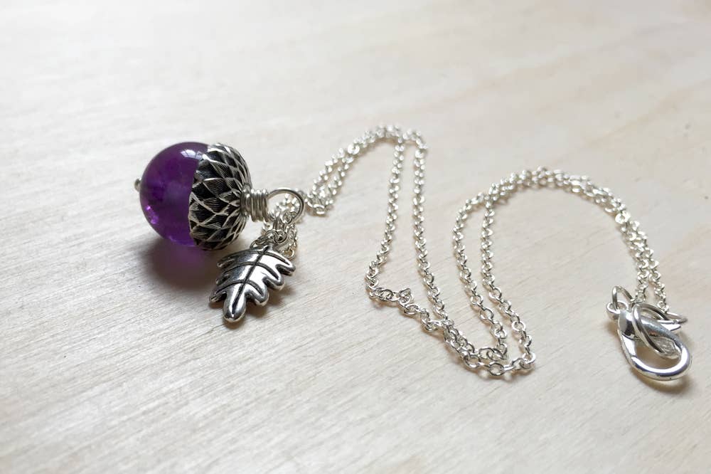 Enchanted Leaves - Wholesale Pendant/Charm Necklace - 18" Amethyst and Silver Acorn Necklace7