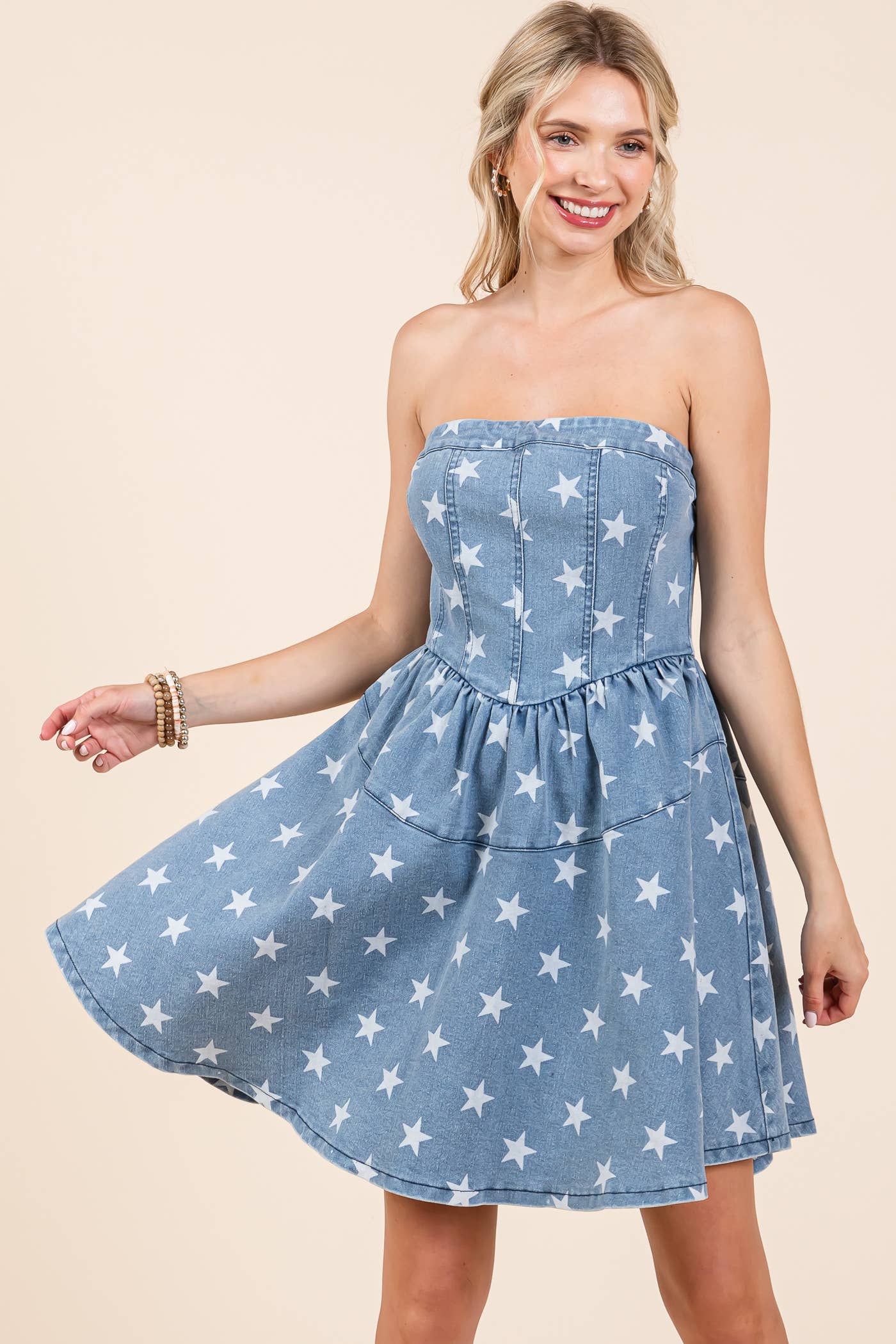 GeeGee x Lovelo - Wholesale Dress - Women's - Star Print Denim Mini Dress: MD5063015