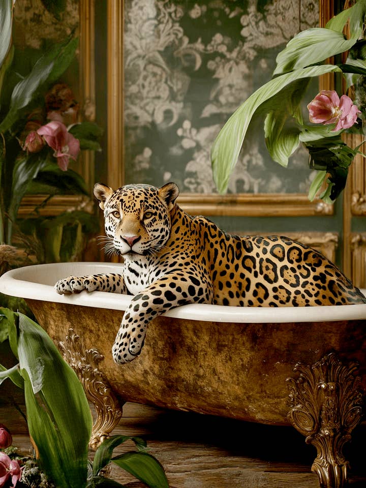 Leopardo nella Vasca da Bagno - Stampe d'Arte di Animali Antropomorfi – Opera d'Arte 8″x10″ per Cornice 11″x14″ per la vendita all'ingrosso da parte di Mowbi