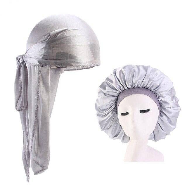 Taelor Boutique - Wholesale Hair Towel/Wrap - XL Silver Silky Durag & Durag & Wide Band Bonnet Set