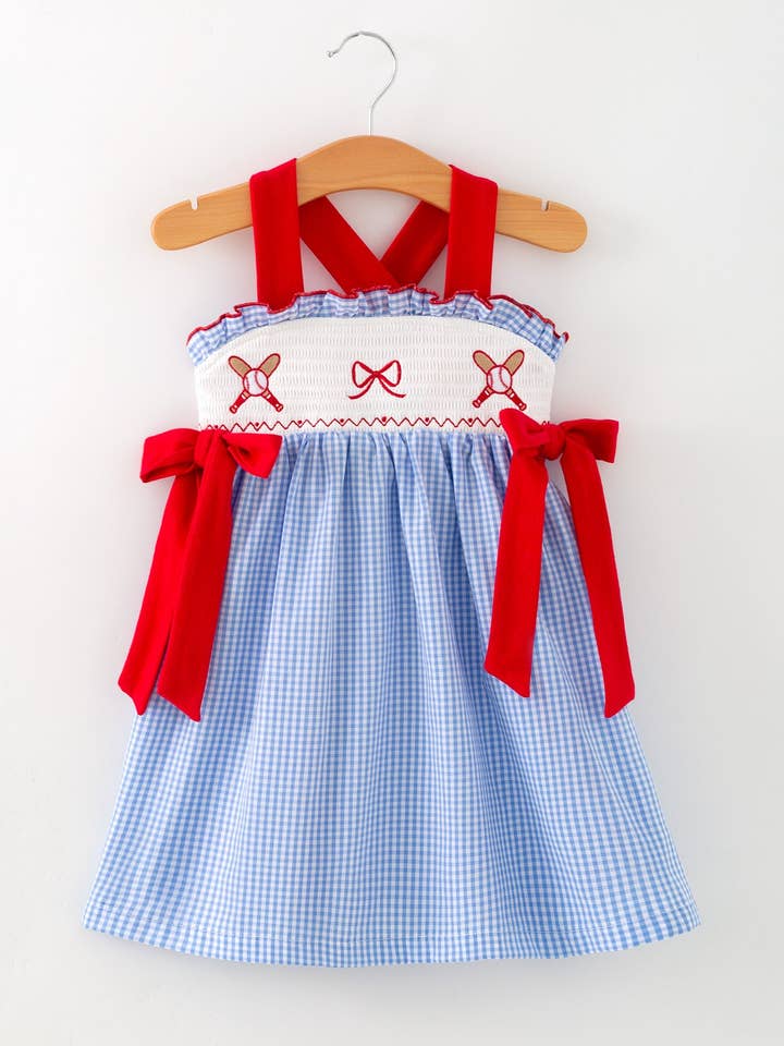 Toddler Girls Baseball Smocked Dress – Blue Plaid Summer Outfit for wholesale by Rylee Faith Designs