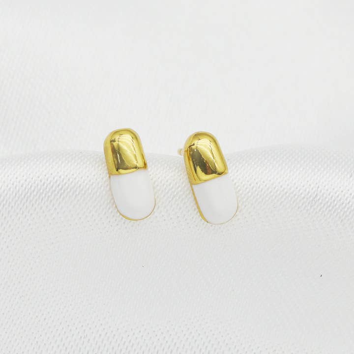 BestBeads&Beyond - Wholesale Stud/Post Earrings - CZ White Enamel Pill Stud Earrings, Sku#Y720