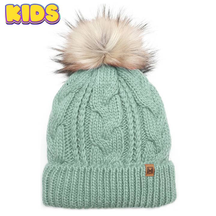 Fashion City - Wholesale Beanie - Kids - Kid's Cable Knitted Faux Fur Pom Beanie Hat5