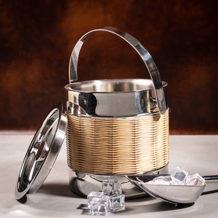 India Handicrafts Inc - Wholesale Ice Bucket - Woven Rattan Stainless Steel Double-Wall Ice Bucket w/ Lid