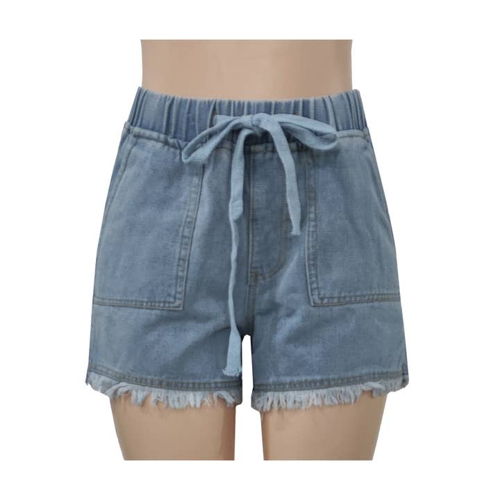 HIDDENBRAND - Wholesale Shorts - Women's - Elastic Waist Drawstring High Waisted Denim Shorts