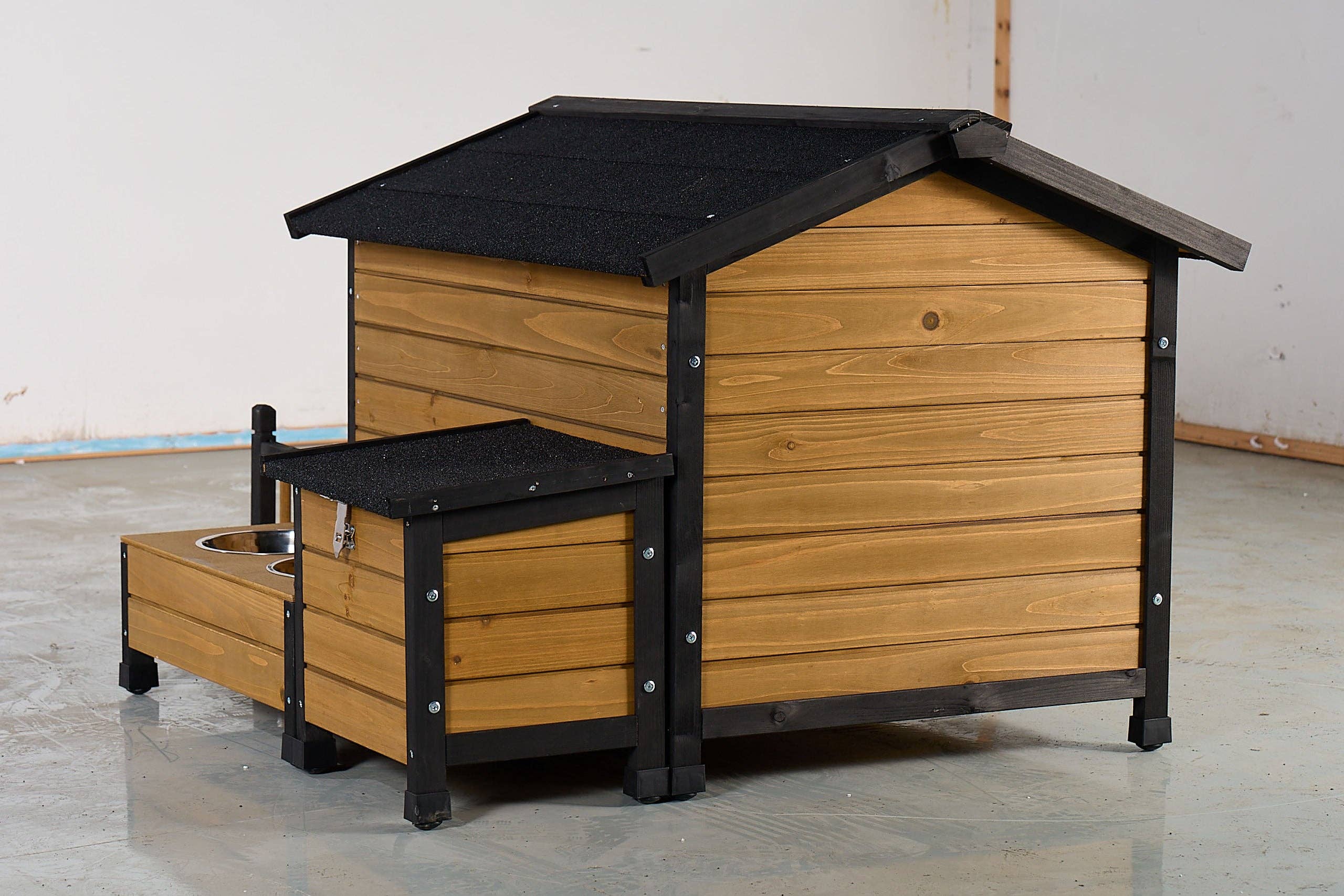 39F Inc. - Wholesale Pet Deodorizing Spray - Large Yellow Wooden Dog House with Storage, Feeding Station 2