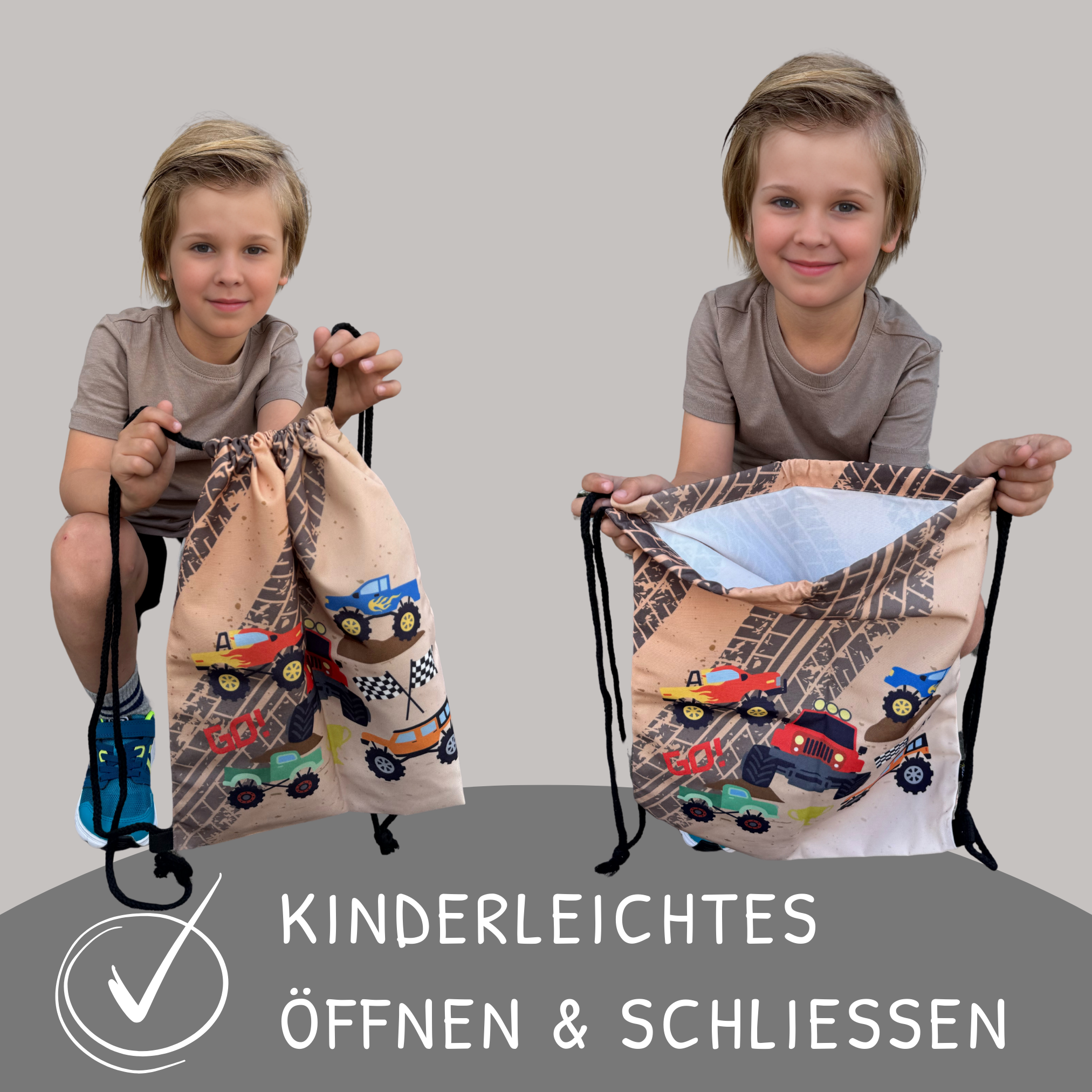 HECKBO – Engroshandel Taske med snor – til børn – Monster Truck sportstaske til børn med snøre3