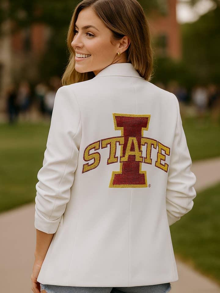 Iowa State Large I State Hvid Blazer med Rynkede Ærmer for engroshandel hos Moving Forward Designs