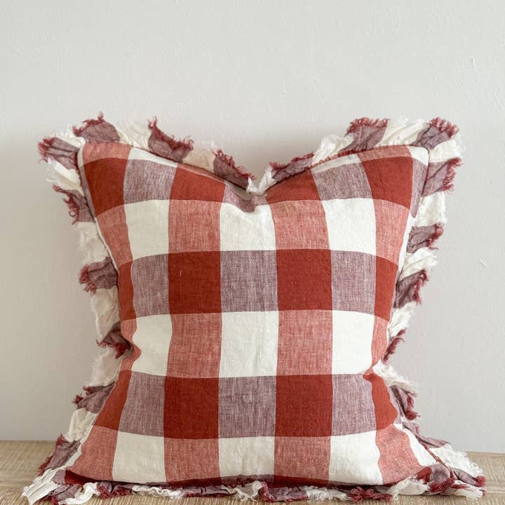 Ellenvale Trade - Wholesale Throw Pillow Cover - Hallie Red Check Cushion Cover – Ruffled edge linen