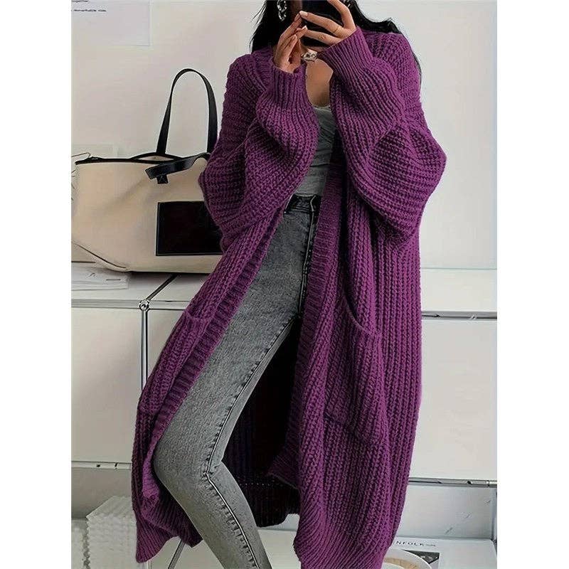 Plush Looks - Wholesale Cardigan - Women's - Thick Mid-Length Loose Knit Sweater Coat5