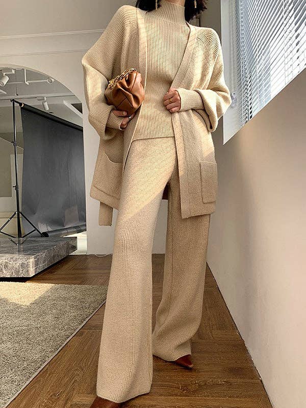 Plush Looks – wholesale Top & pants set (NOT Loungewear) – Women's – Stylish Solid 3 Piece High-Neck Sweater & Wide Leg Pants& Cardigan Tops Set7