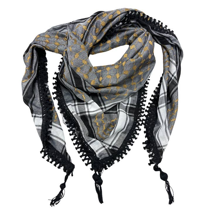 Sitti Social Enterprise - Wholesale Scarf - Women's - Gold on Grey Kuffiyeh with Black Tassels