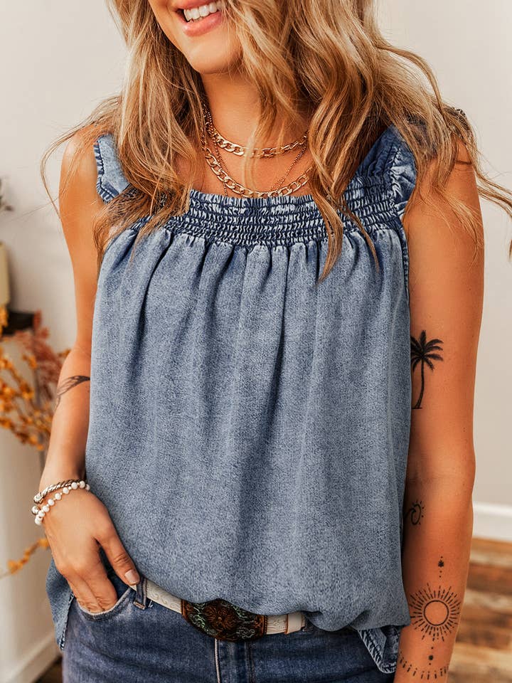 Ruffled Shirred Neckline Sleeveless Denim Tank Top for wholesale by FULL TIME PURCHASE