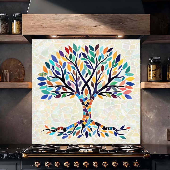 Mosaic Tempered Glass Backsplash – Tree of Life Kitchen Backsplash for Stove or Sink for wholesale by Glass Kitchen Backsplash
