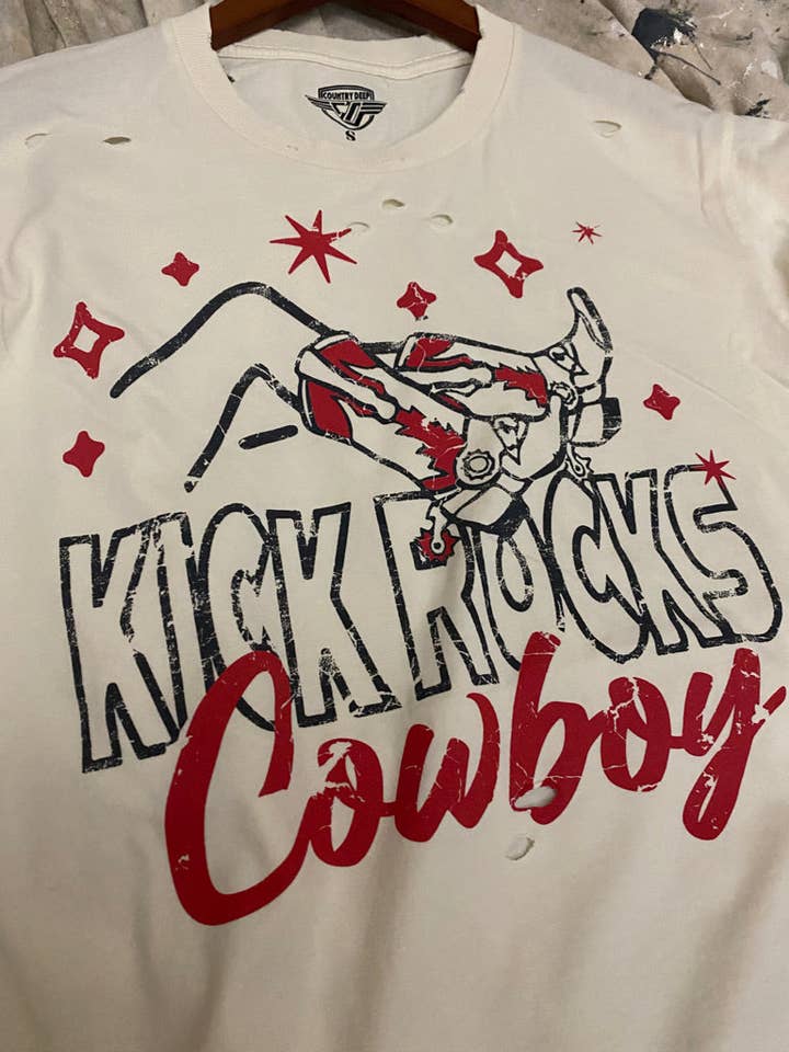 Country Deep Apparel – wholesale Screen printed t-shirt – unisex – Kick Rocks Cowboy distressed 80's vintage T shirt2