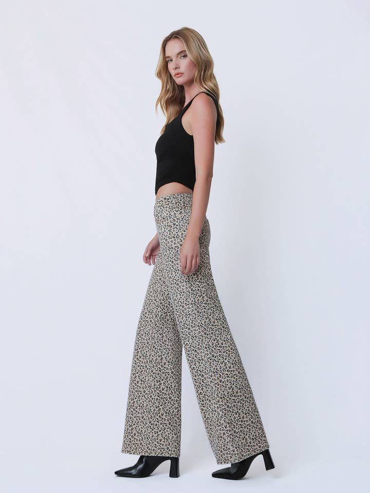 MID RISE FULL LENGTH LEOPARD PRINT WIDE LEG JEANS LV2178LPD for wholesale by Lovervet by VERVET