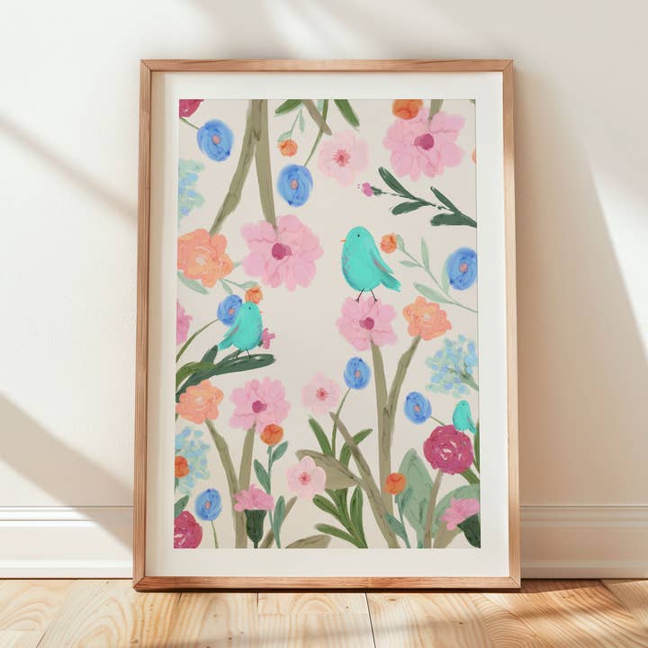 Wild Birds and Flowers Art Print, Pretty, Hand Painted Art for wholesale by Georgie King Designs