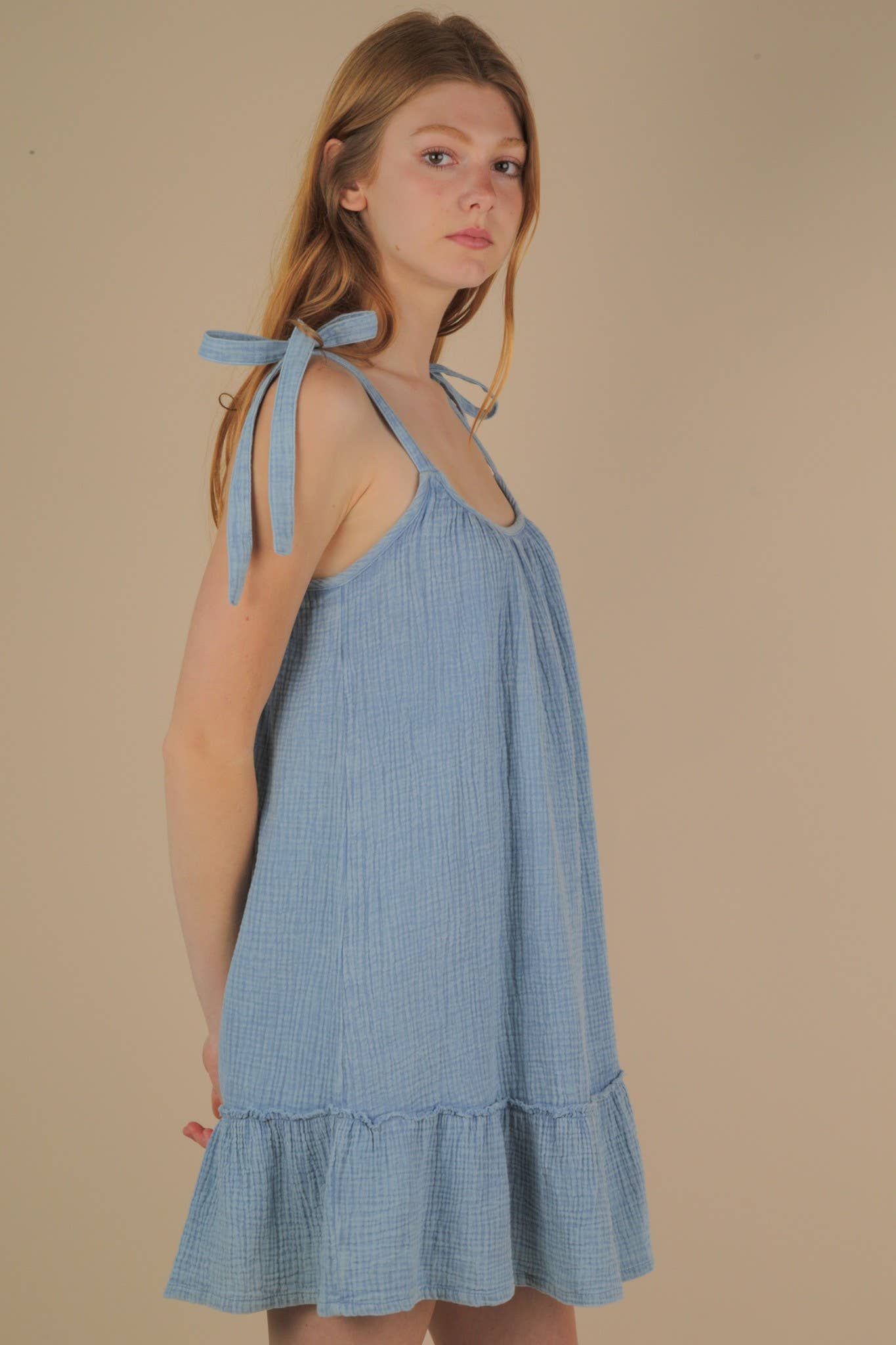 VERY J - Wholesale Dress - Women's - ND31743-Mineral Washed Shoulder Tie Mini Dress19