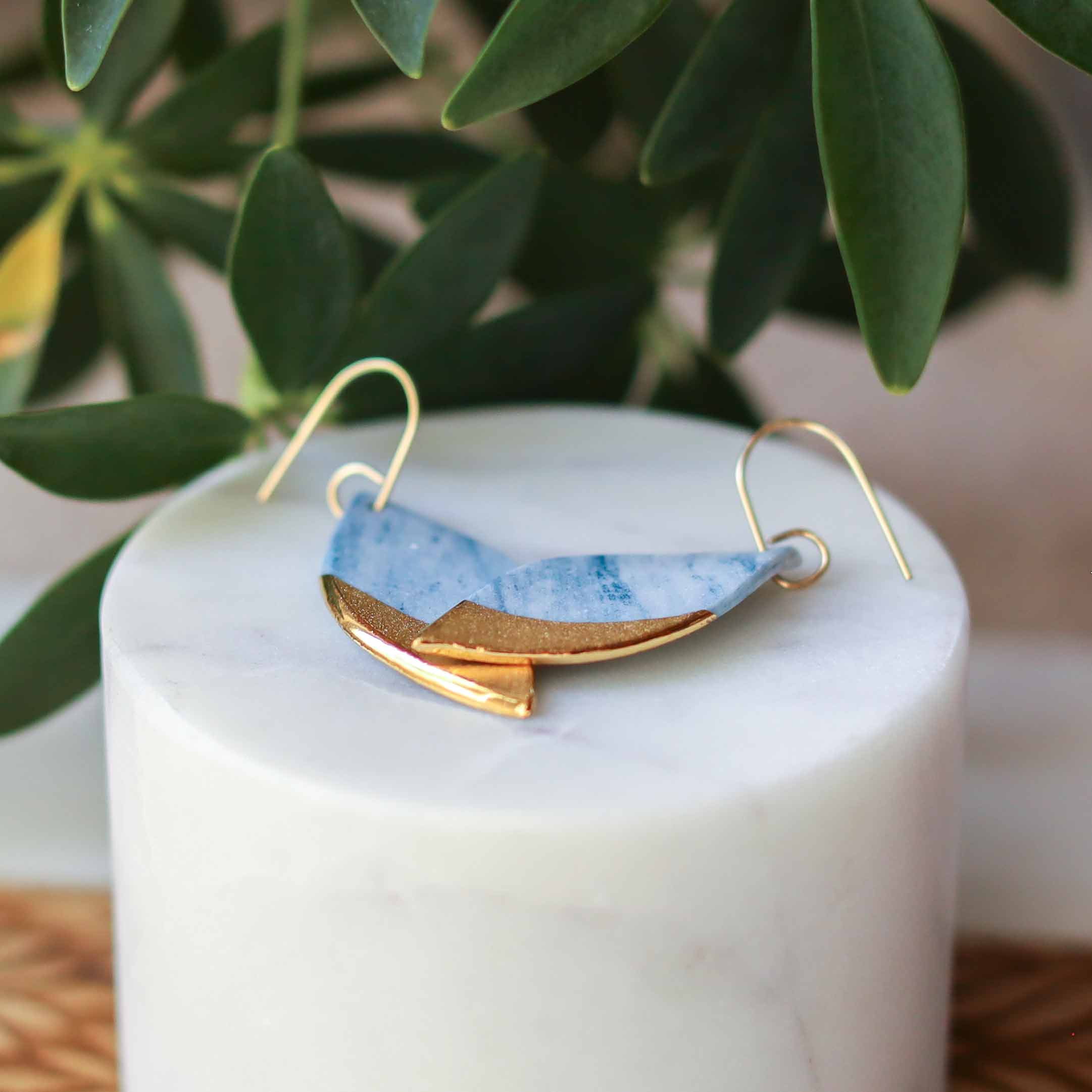 Remnant Studios - Wholesale Dangle Earrings - granite - black and blue marbled leaf earrings2