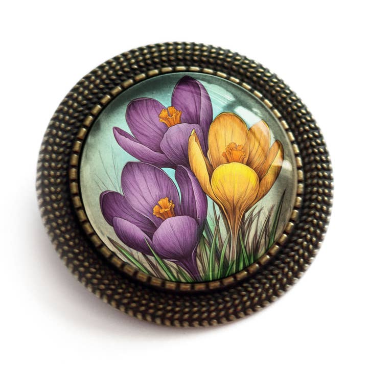 Spring Crocus Flowers Glass Cabochon Brooch for wholesale by The Divine Iguana