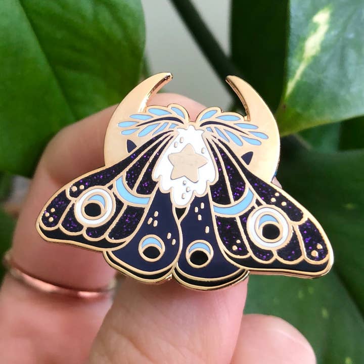 Moon Moth Glitter Enamel Pin Badge for wholesale by Fiona Stabler Illustration