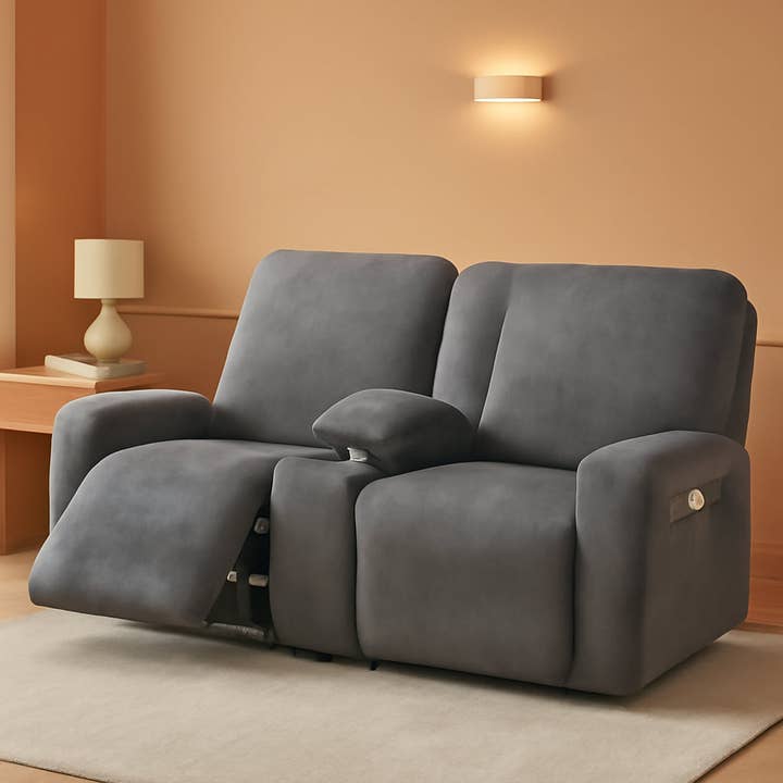 Dark Grey Velvet 8 Piece Reclining Loveseat Slipcover for wholesale by ShipItFurniture