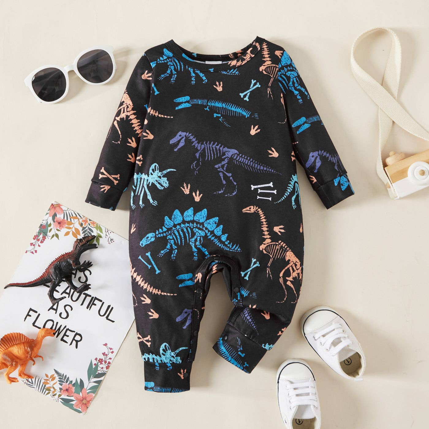 Baby Girl All Over Colorful Dinosaur Print Ribbed Short-sleeve Jumpsuit