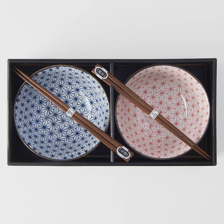 Asanoha red and blue 2 piece boxed bowl set 15cm for wholesale by Made In Japan Tableware