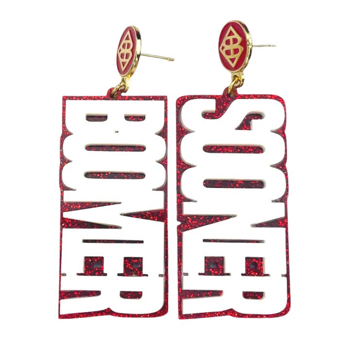 BOOMER SOONER oorbellen met witte en karmozijnrode glitter voor wholesale door Brianna Cannon